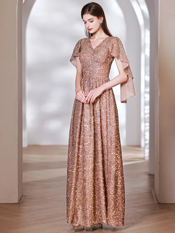 Sparkly Gold Sequins Evening Dresses 2023 A-Line / Princess V-Neck Short Sleeve Floor-Length / Long Evening Party Formal Dresses