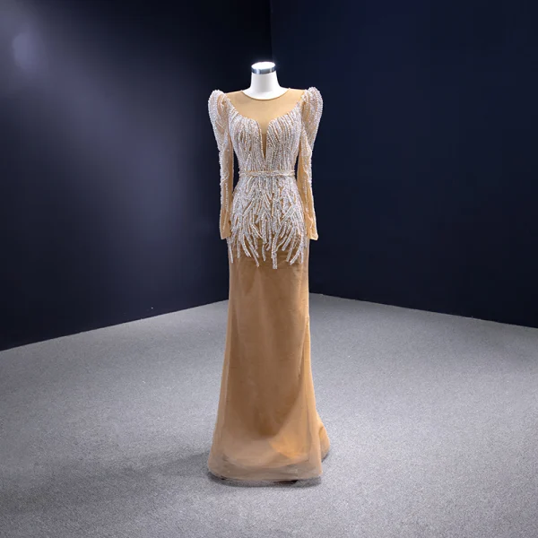 High-end Gold Handmade Beading Pearl Rhinestone Sequins Wedding Dresses 2023 Trumpet / Mermaid Scoop Neck Long Sleeve Court Train Wedding