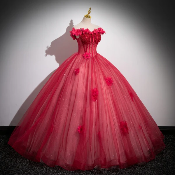 Chic / Beautiful Red Flower Prom Dresses 2023 Off-The-Shoulder Sleeveless Floor-Length / Long Ball Gown Formal Dresses