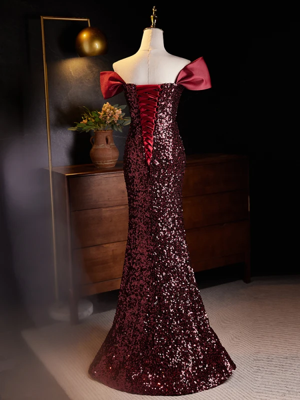 Sparkly Burgundy Sequins Evening Dresses 2024 Trumpet / Mermaid Off-The-Shoulder Short Sleeve Backless Floor-Length / Long Evening Party Formal Dresses