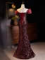 Sparkly Burgundy Sequins Evening Dresses 2024 Trumpet / Mermaid Off-The-Shoulder Short Sleeve Backless Floor-Length / Long Evening Party Formal Dresses