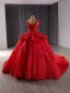 Vintage / Retro High-end Red Lace Flower Appliques Prom Dresses 2024 Ball Gown V-Neck Sleeveless Backless Court Train Prom Formal Dresses