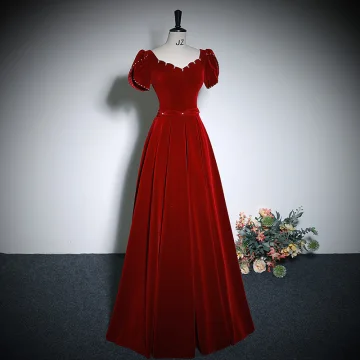 Elegant Burgundy Velvet Prom Dresses 2023 A Line Princess Square Neckline Short Sleeve Backless Floor Length Long Prom Formal Dresses