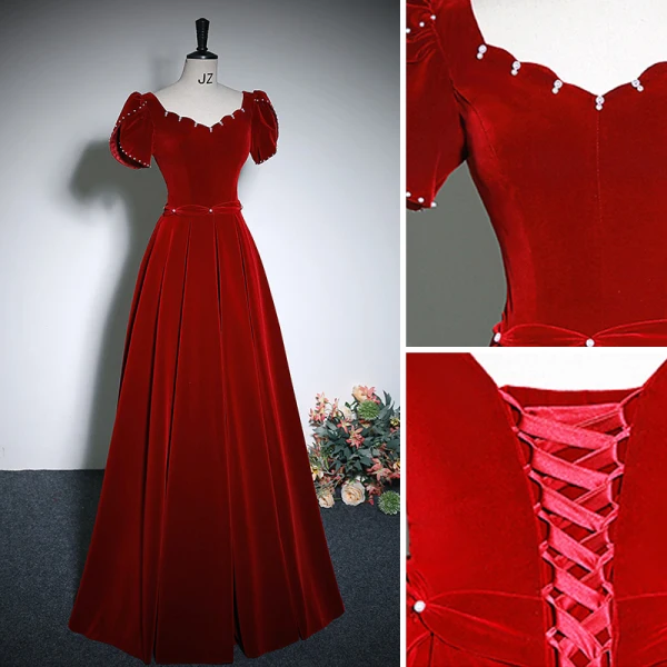 Elegant Burgundy Velvet Prom Dresses 2023 A-Line / Princess Square Neckline Short Sleeve Backless Floor-Length / Long Prom Formal Dresses