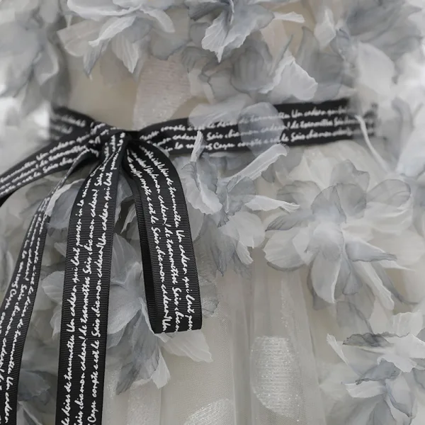 Fashion Grey Appliques Prom Flower Girl Dresses 2022 A-Line / Princess Scoop Neck Sleeveless Bow Sash Sweep Train Flower Girl Dresses