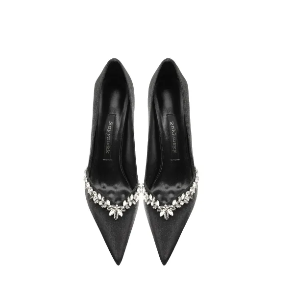 Fine Svart Aften Rhinestone Pumps 2024 Lær 10 cm Stiletthæler Spisse Pumps Høyhælte