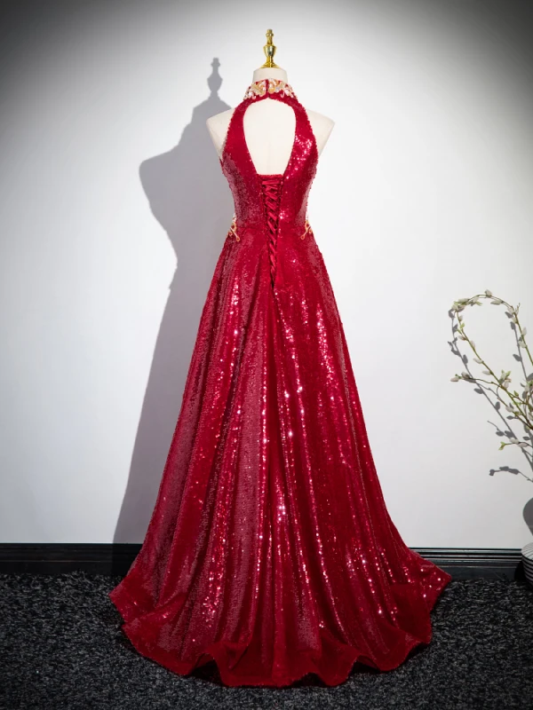 Charming Burgundy Beading Rhinestone Sequins Prom Dresses 2024 A-Line / Princess High Neck Sleeveless Backless Floor-Length / Long Prom Formal Dresses