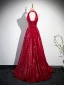 Charming Burgundy Beading Rhinestone Sequins Prom Dresses 2024 A-Line / Princess High Neck Sleeveless Backless Floor-Length / Long Prom Formal Dresses