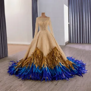Luxe Haut De Gamme Doré Fait Main Perlage Perle Paillettes Multi Couleurs Plumes Robe De Bal 2025 Robe Boule Encolure Dégagée Manches Longues Chapel Train Promo