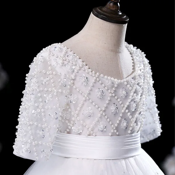 Elegant White Pearl Sequins Evening Party Flower Girl Dresses 2022 Ball Gown Scoop Neck Short Sleeve Sash Floor-Length / Long Flower Girl Dresses