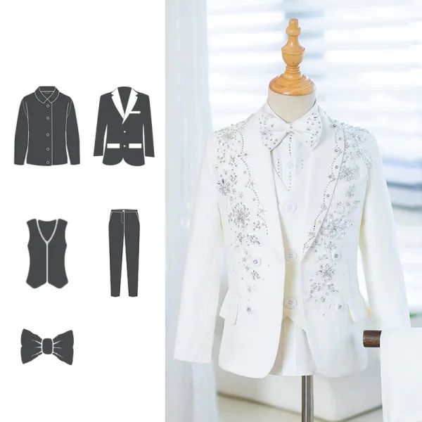 Fashion White Sequins 5-piece Boys Wedding Suits Boys Wedding Suits 2025 Long Sleeve Coat Pants Shirt Tie Vest Wedding