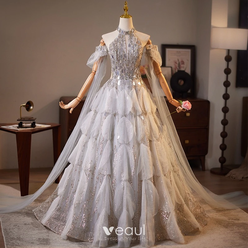 High-end Grey Rhinestone Sequins Prom Dresses 2025 Ball Gown High Neck Short Sleeve Backless Floor-Length / Long Prom Formal Dresses High-end Grey Rhinestone Sequins Prom Dresses 2025 Ball Gown High Neck Short Sleeve Backless Floor-Length / Long Prom Formal Dresses