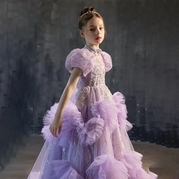 Elegant Lavender Beading Pearl Sequins Birthday Flower Girl Dresses 2025 Ball Gown High Neck Puffy Short Sleeve Backless Sweep Train
