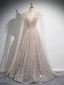 Charming Champagne Beading Sequins Prom Dresses 2024 A-Line / Princess Scoop Neck Short Sleeve Backless Floor-Length / Long Prom Formal Dresses