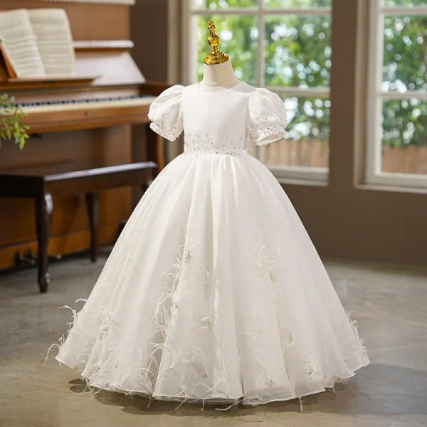 Elegant White Sequins Feather Birthday Flower Girl Dresses 2026 Ball Gown Scoop Neck Puffy Short Sleeve Backless