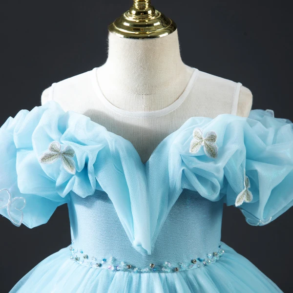 Cendrillon Bleu Perlage En Dentelle Papillon Anniversaire Robe Ceremonie Fille 2022 Robe Boule Encolure Dégagée Gonflée Manches Courtes Dos Nu Tribunal Train Robe Ceremonie Fille