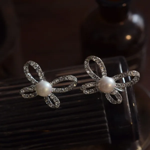 Modest / Simple Silver Pearl Zircon Rhinestone Earrings Tiara Wedding Bridal Hair Accessories 2025
