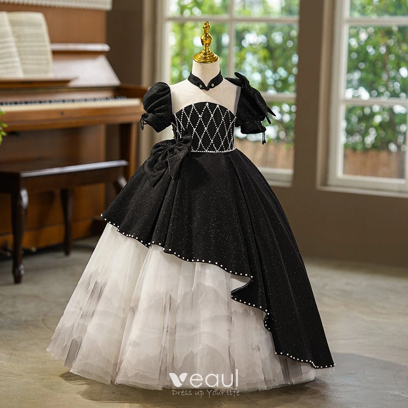 Chic / Beautiful Black Glitter Birthday Flower Girl Dresses 2025 Ball Gown  High Neck Puffy Short Sleeve Backless Bow Floor-Length / Long