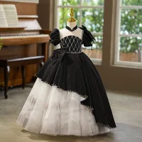 Schöne Schwarz Glanz Geburtstag Blumenmädchenkleider 2025 Ballkleid Stehkragen Geschwollenes Kurze Ärmel Rückenfreies Schleife Lange