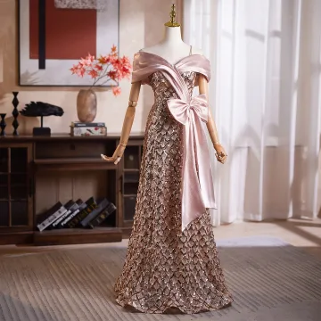 Scintillantes Doré Noeud Paillettes Robe De Bal 2026 Princesse De L Épaule Manches Courtes Dos Nu Longue Robe De Ceremonie