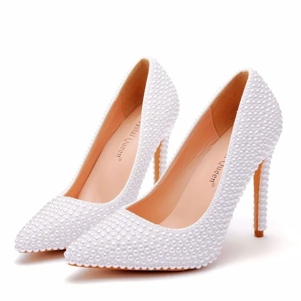 Élégant Beige Perle Chaussure De Mariée 2023 11 cm Talons Aiguilles À Bout Pointu Mariage Escarpins Talons Hauts