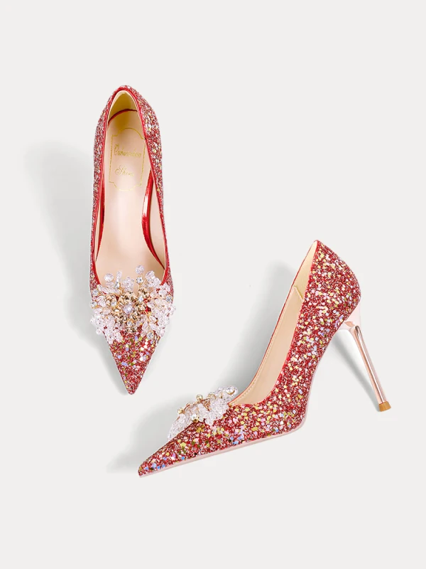 Chinese style Sparkly Red Rhinestone Sequins Wedding Shoes 2024 10 cm Stiletto Heels Pointed Toe Wedding Pumps High Heels