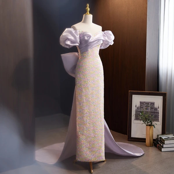 Mode Lavande Paillettes Robe De Soirée 2023 Trompette / Sirène De l'épaule Manches Courtes Dos Nu Noeud Train De Balayage Promo Robe De Ceremonie