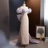 Fashion Lavender Sequins Evening Dresses 2023 Trumpet / Mermaid Off-The-Shoulder Short Sleeve Backless Bow Sweep Train Prom Formal Dresses