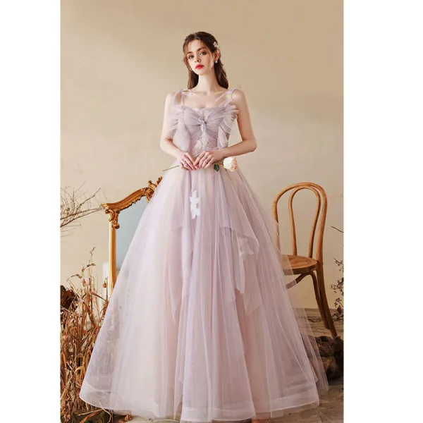 Chic / Beautiful Lavender Beading Appliques Prom Dresses 2022 A-Line / Princess Spaghetti Straps Sleeveless Backless Floor-Length / Long Formal Dresses