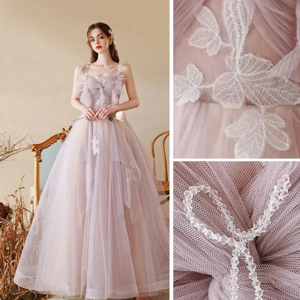 Chic / Beautiful Lavender Beading Appliques Prom Dresses 2022 A-Line / Princess Spaghetti Straps Sleeveless Backless Floor-Length / Long Formal Dresses
