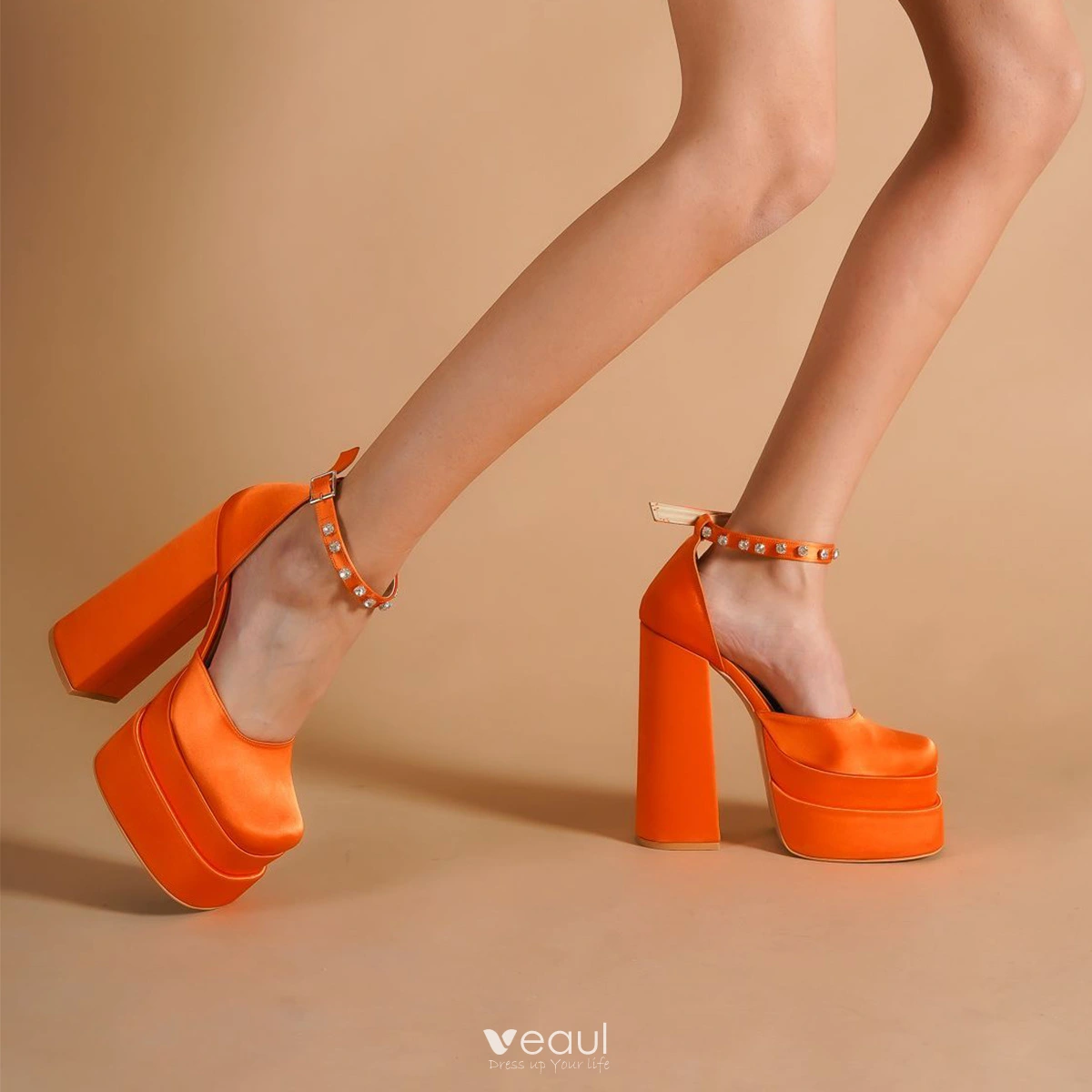 Fashion Orange Satin Cocktail Party Womens Shoes 2022 Ankle Strap 14 cm Thick Heels Square Toe