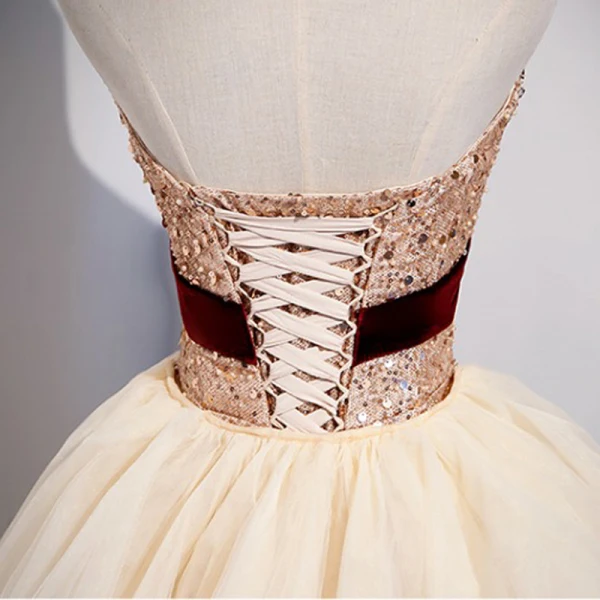 Sexy Champagner Pailletten Schleife Abendkleider 2023 Ballkleid Bandeau Ärmellos Rückenfreies Hof-Schleppe Abend Festliche Kleider
