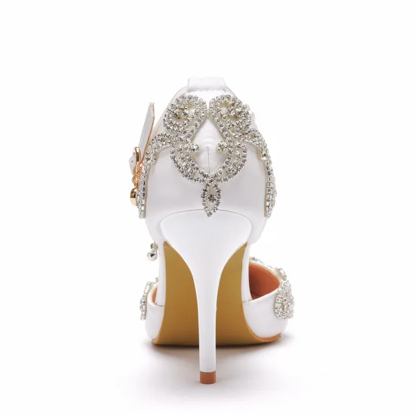 Charmant Weiß Perle Strass Brautschuhe 2022 Knöchelriemen 9 cm Stilettos Spitzschuh Hochzeit Hochhackige