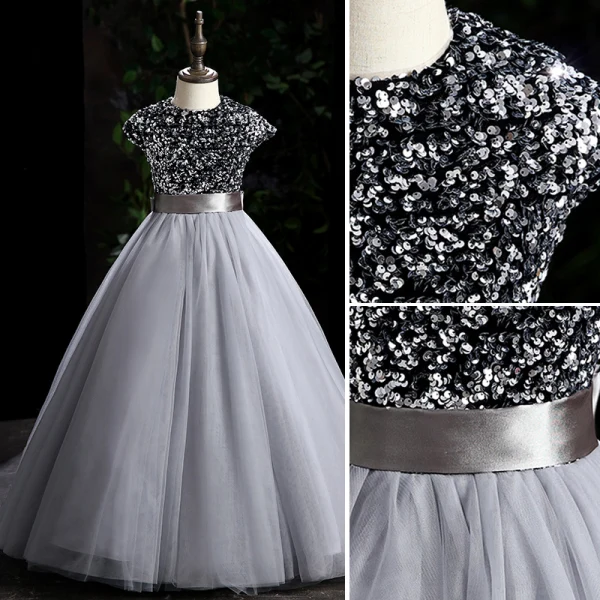 Chic / Beautiful Grey Sequins Prom Flower Girl Dresses 2022 Ball Gown Scoop Neck Sleeveless Sash Bow Floor-Length / Long Flower Girl Dresses