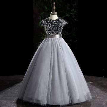 Chic Beautiful Grey Sequins Prom Flower Girl Dresses 2022 Ball Gown Scoop Neck Sleeveless Sash Bow Floor Length Long Flower Girl Dresses