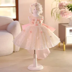 Bling Bling Champagne Appliques Pearl Sequins Birthday Flower Girl Dresses 2025 Ball Gown Scoop Neck Bow Sleeveless Short
