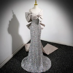 Sparkly Grey Sequins Evening Party Evening Dresses 2023 Trumpet Mermaid Spaghetti Straps Sleeveless Backless Bow Sweep Train Formal Dresses