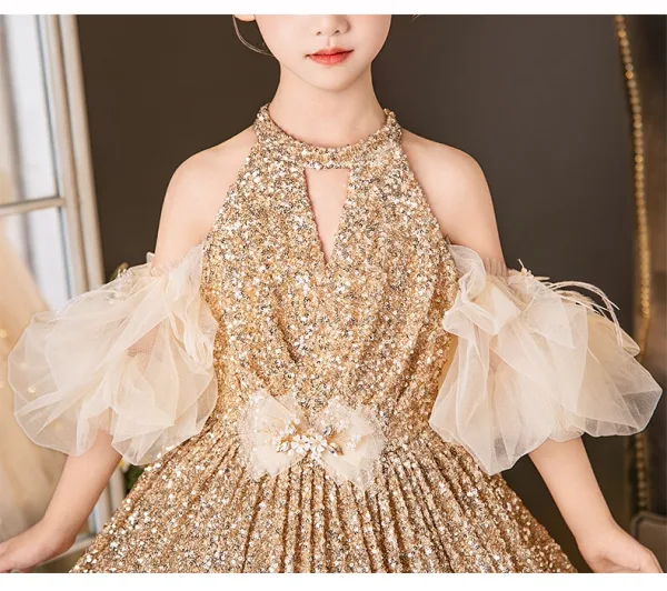 Sparkly Gold Sequins Birthday Sweep Train Flower Girl Dresses 2025 Ball Gown High Neck Short Sleeve