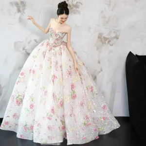 Fée Des Fleurs Bling Bling Blanche Paillettes Fleur Robe De Mariée 2025 Robe Boule Bustier Sans Manches Dos Nu Longue Tulle