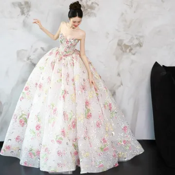 Hada De Las Flores Bling Bling Blanco Lentejuelas Flor Vestidos De Novia 2025 Ball Gown Sin Tirantes Sin Mangas Sin Espalda Largos Tul