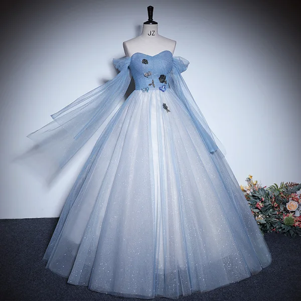 Charmant Himmelblau Perlenstickerei Pailletten Ballkleider 2023 A Linie Off Shoulder Kurze Ärmel Rückenfreies Lange Ball Festliche Kleider