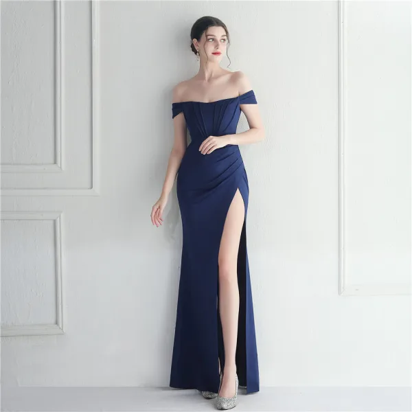 Chic / Beautiful White Split Front Evening Dresses 2024 Trumpet / Mermaid Off-The-Shoulder Sleeveless Backless Floor-Length / Long Evening Party Formal Dresses