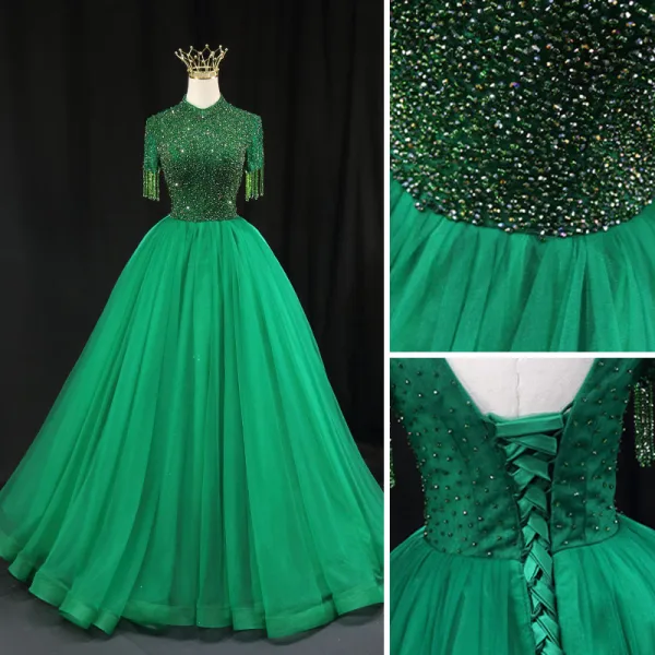 Haut de Gamme Vert Fait main Perlage Paillettes Robe De Bal 2022 Robe Boule Col Haut Faux Diamant Gland Manches Courtes Dos Nu Longue Robe De Ceremonie