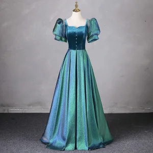 Vintage Originale Vert Robe De Bal 2024 Princesse Encolure Carrée Gonflée Manches Courtes Dos Nu Longue Promo Robe De Ceremonie