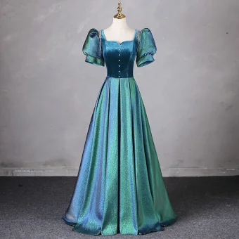 Vintage Retro Green Prom Dresses 2024 A Line Princess Square Neckline Puffy Short Sleeve Backless Floor Length Long Prom Formal Dresses