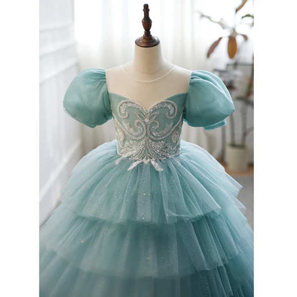 Chic / Belle Vert Citron Perlage Anniversaire Volants en Cascade Robe Ceremonie Fille 2023 Robe Boule Encolure Dégagée Gonflée Manches Courtes Longue Robe Ceremonie Fille