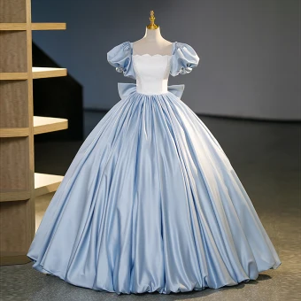 Elegant Sky Blue Satin Prom Dresses 2023 Ball Gown Square Neckline Puffy Short Sleeve Backless Bow Floor Length Long Prom Formal Dresses