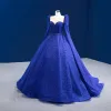 High-end Vintage / Retro Royal Blue Handmade  Beading Sequins Prom Dresses 2022 Ball Gown Scoop Neck Long Sleeve Court Train Prom Formal Dresses