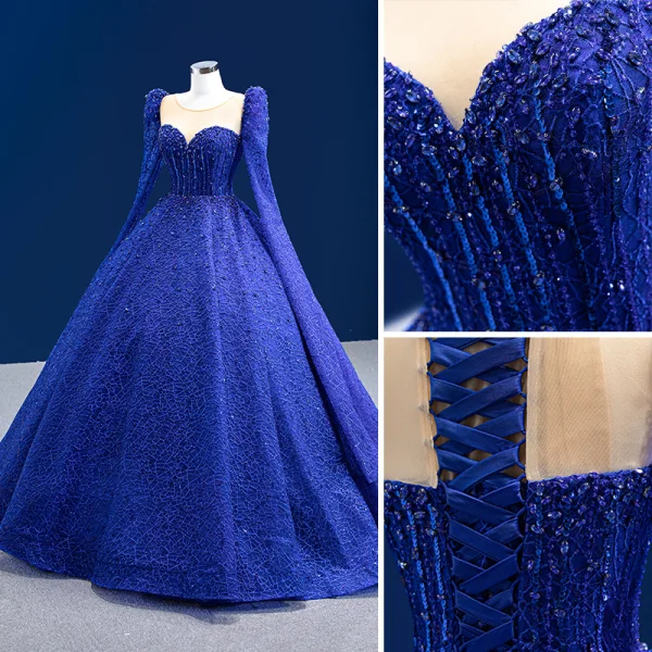 High-end Vintage / Retro Royal Blue Handmade  Beading Sequins Prom Dresses 2022 Ball Gown Scoop Neck Long Sleeve Court Train Prom Formal Dresses