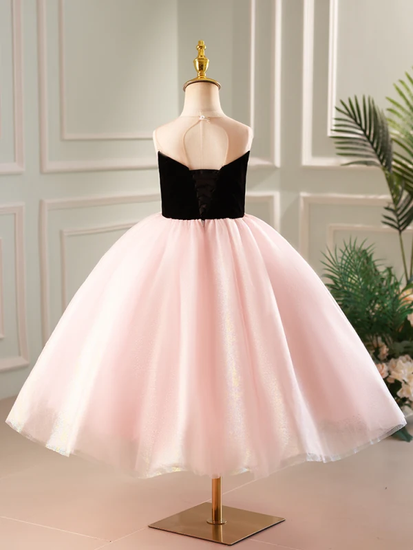 Elegant Blushing Pink Rhinestone Birthday Flower Girl Dresses 2023 Ball Gown Scoop Neck Sleeveless Backless Tea-length